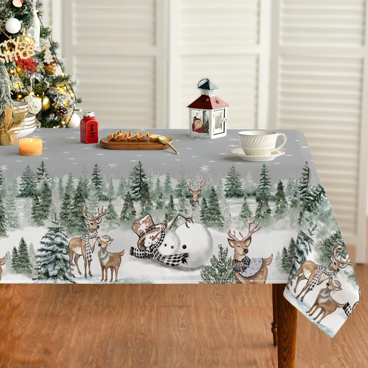 Christmas Tablecloth 60×84 Inch Rectangular, Deers Snowman Trees Grey Washable Table Cover for Party Picnic Dinner Decor